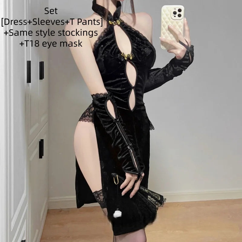 Backless Lace High End Classical Deep V-leakage High Slit Cheongsam Erotic Lingerie Tempting Retro Republican Style Pajama Set