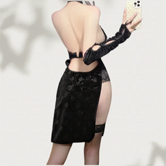 Backless Lace High End Classical Deep V-leakage High Slit Cheongsam Erotic Lingerie Tempting Retro Republican Style Pajama Set