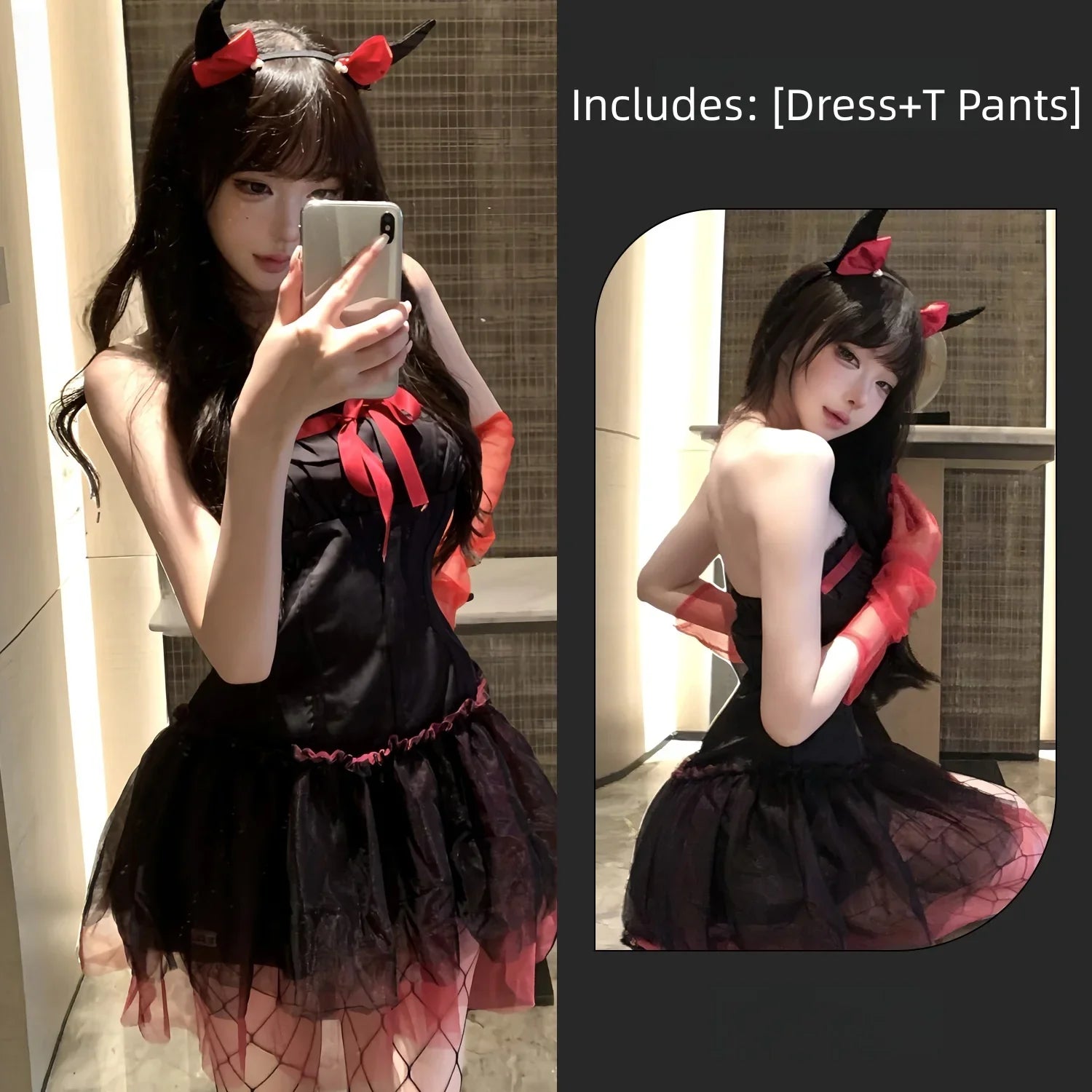 Backless Off-shoulder Little Devil Year's Outfit Bow Strapless Spicy Girl Suspender Dress Spicy Girl Lingerie Halloween Set