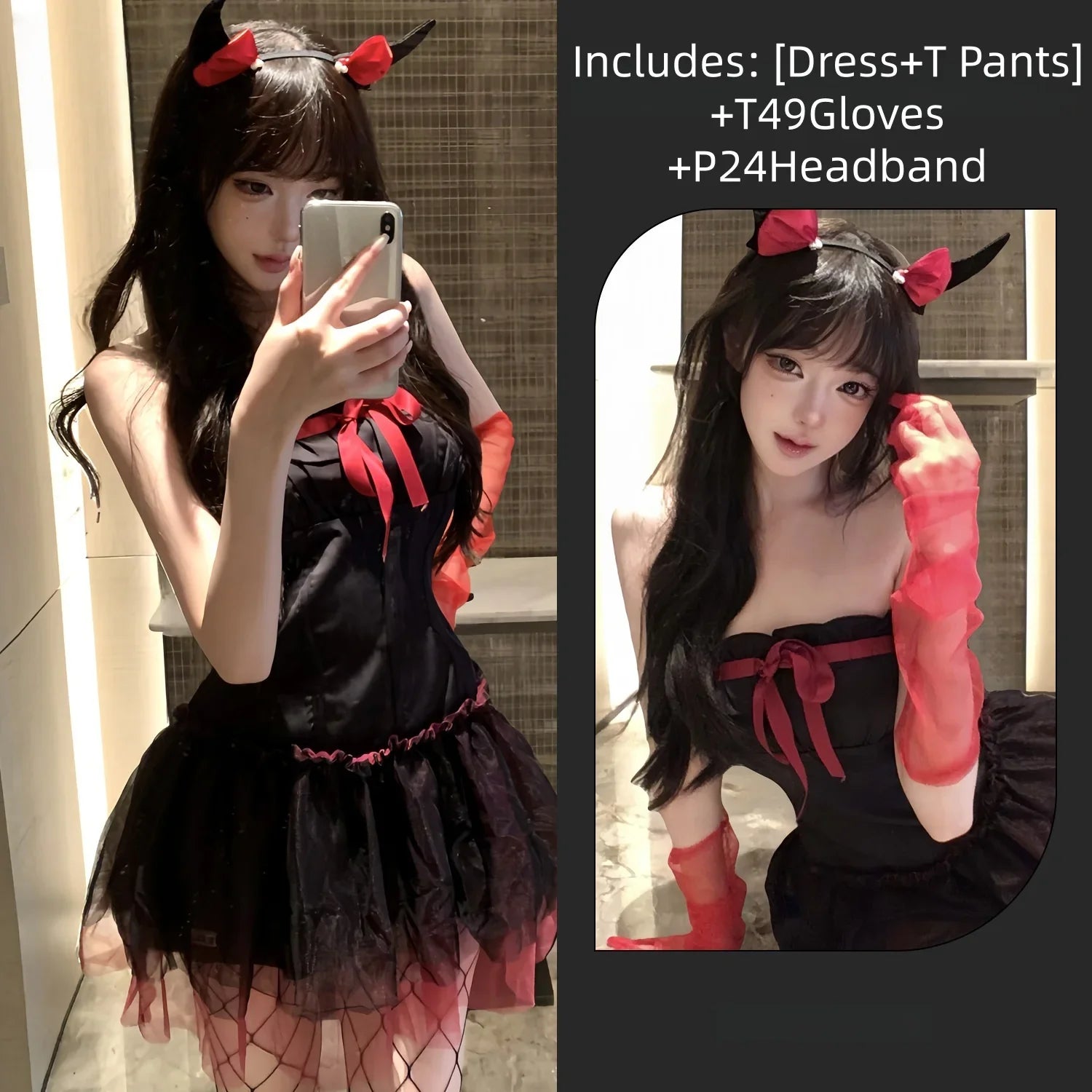 Backless Off-shoulder Little Devil Year's Outfit Bow Strapless Spicy Girl Suspender Dress Spicy Girl Lingerie Halloween Set