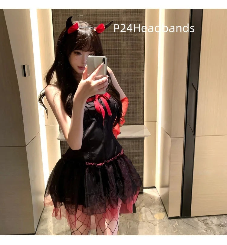 Backless Off-shoulder Little Devil Year's Outfit Bow Strapless Spicy Girl Suspender Dress Spicy Girl Lingerie Halloween Set