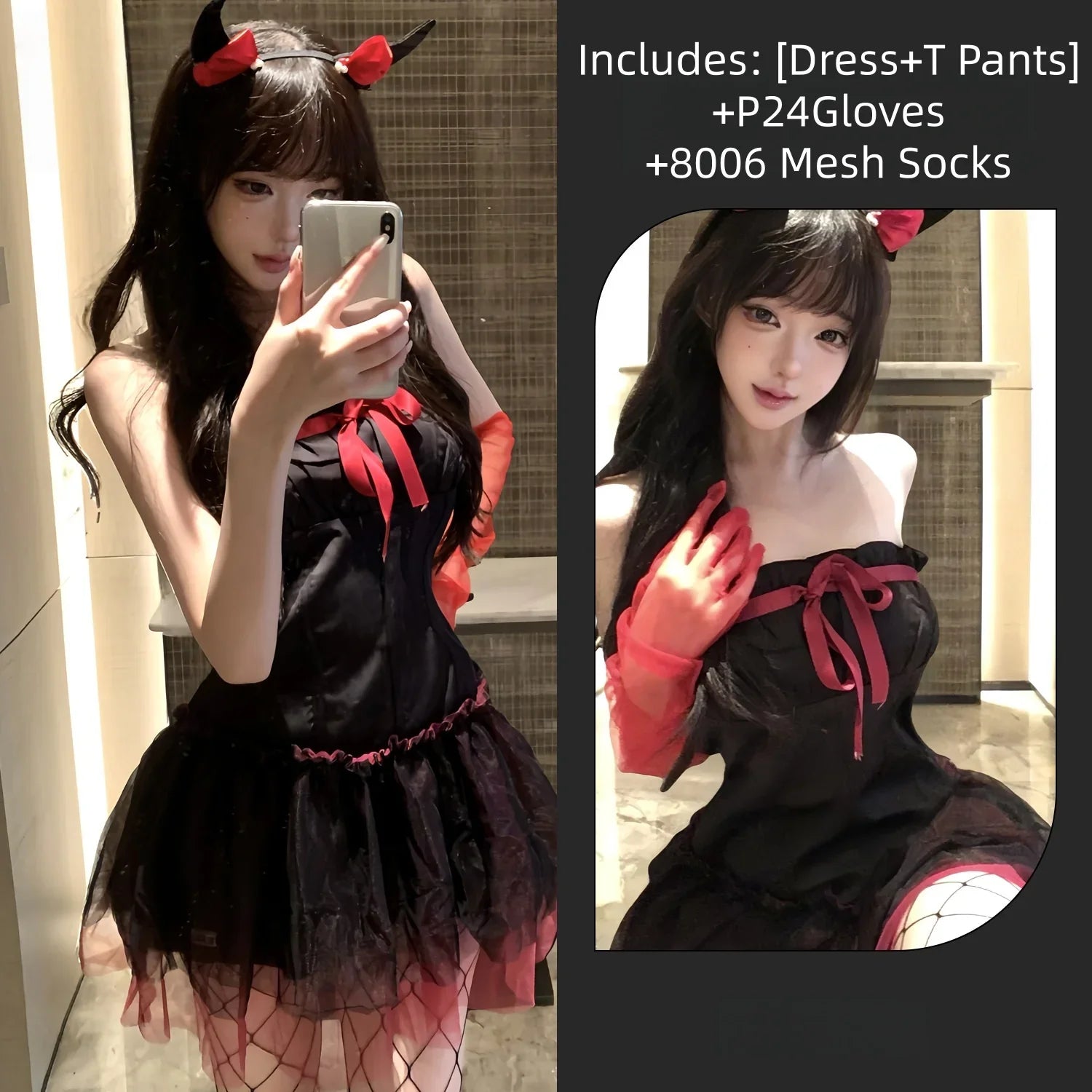 Backless Off-shoulder Little Devil Year's Outfit Bow Strapless Spicy Girl Suspender Dress Spicy Girl Lingerie Halloween Set