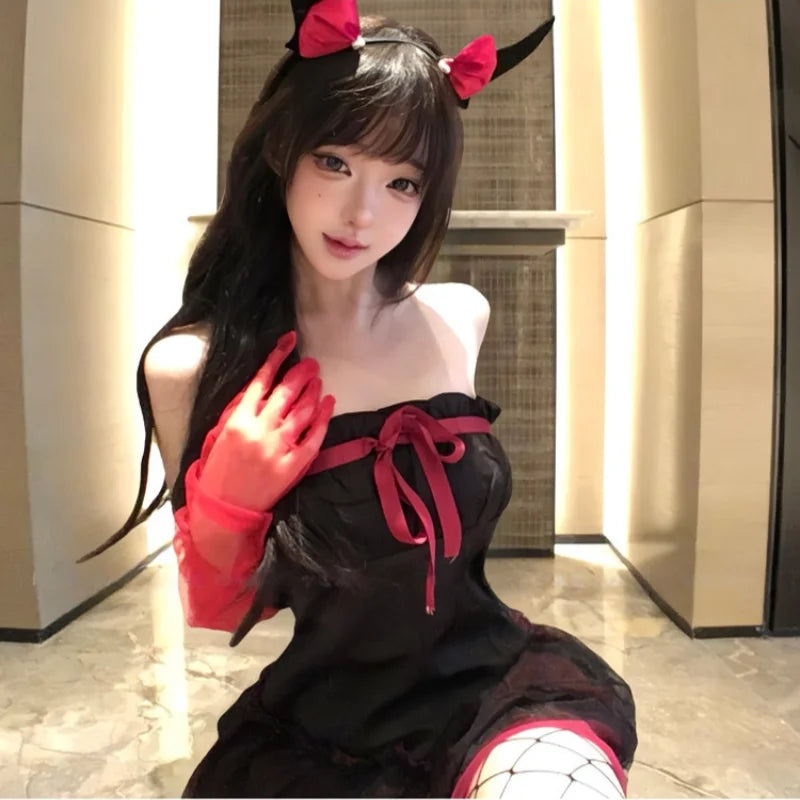 Backless Off-shoulder Little Devil Year's Outfit Bow Strapless Spicy Girl Suspender Dress Spicy Girl Lingerie Halloween Set