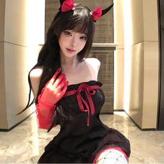 Backless Off-shoulder Little Devil Year's Outfit Bow Strapless Spicy Girl Suspender Dress Spicy Girl Lingerie Halloween Set