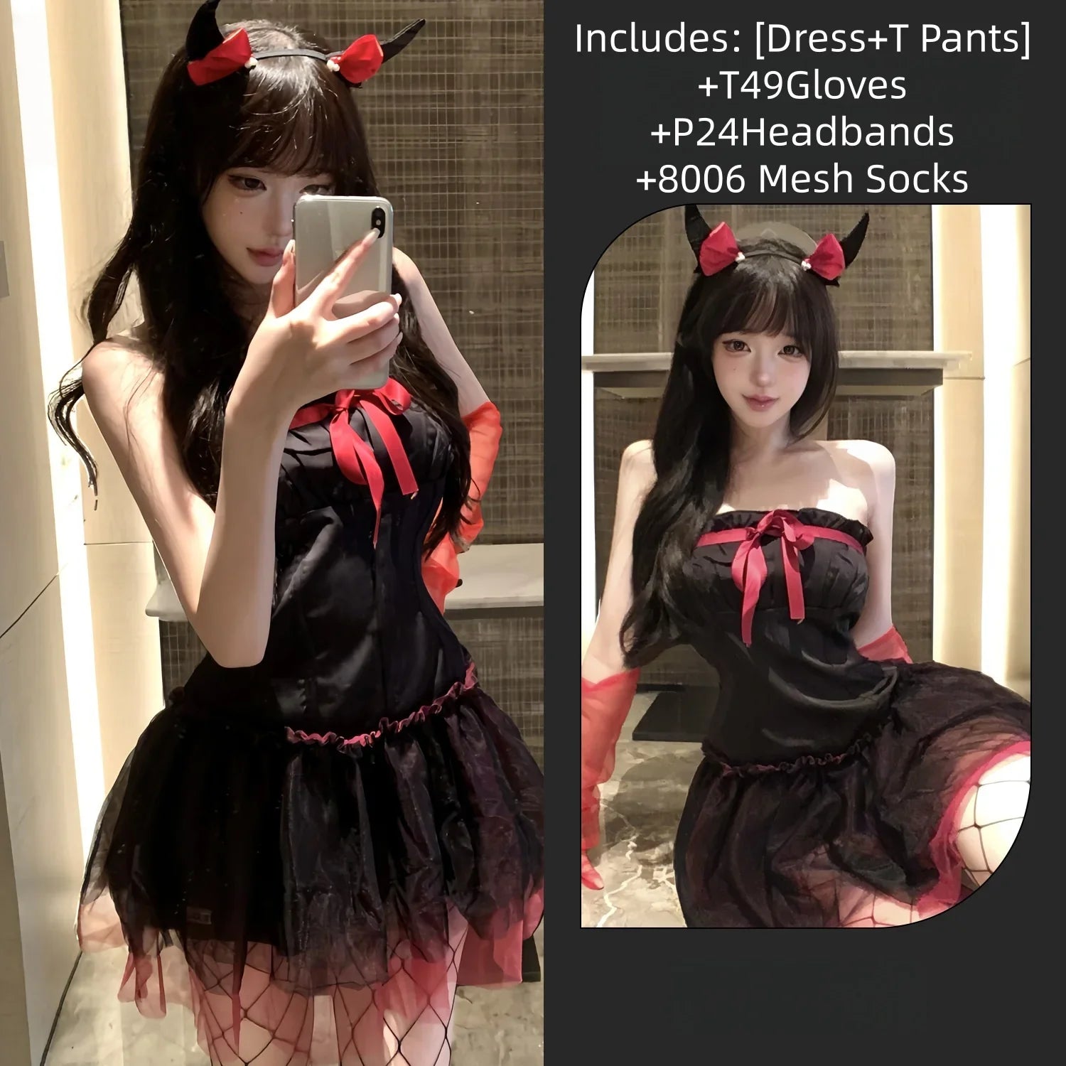 Backless Off-shoulder Little Devil Year's Outfit Bow Strapless Spicy Girl Suspender Dress Spicy Girl Lingerie Halloween Set