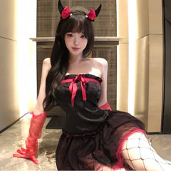 Backless Off-shoulder Little Devil Year's Outfit Bow Strapless Spicy Girl Suspender Dress Spicy Girl Lingerie Halloween Set