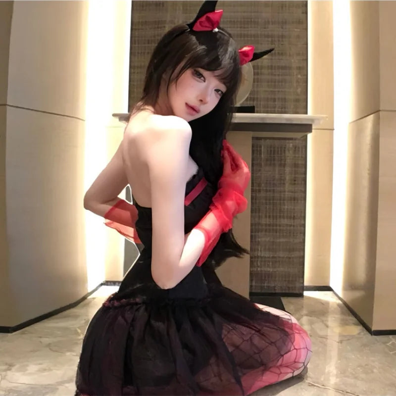 Backless Off-shoulder Little Devil Year's Outfit Bow Strapless Spicy Girl Suspender Dress Spicy Girl Lingerie Halloween Set