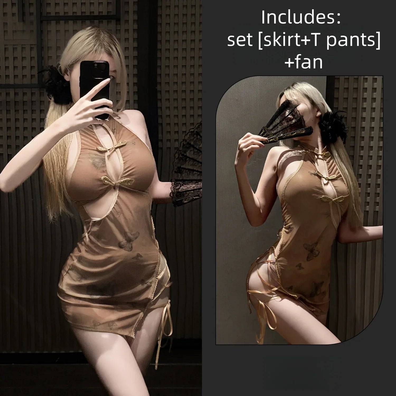 Backless Slit Wrapped Hip Skirt Temptation Flirtatious Chinese Style Perspective Erotic Lingerie Straps Printed Cheongsam