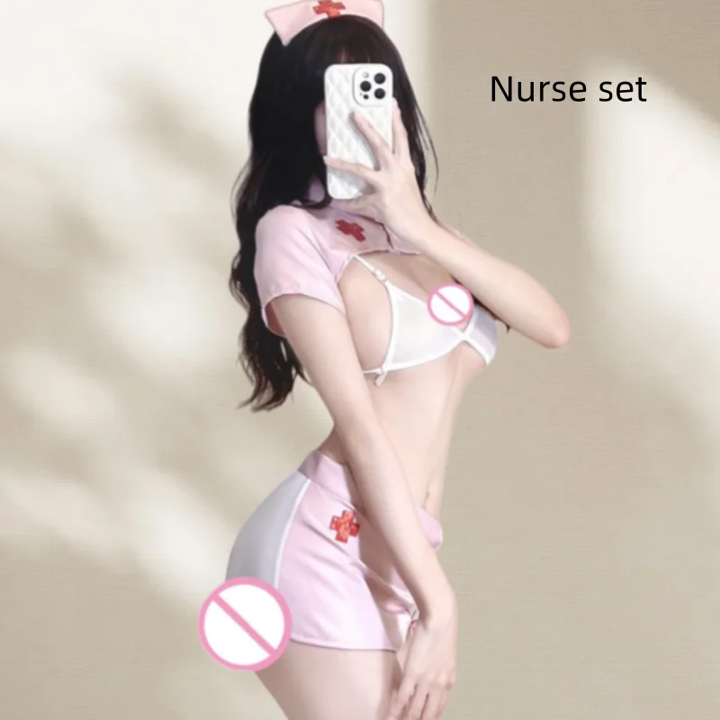 Backless Sweet Three-piece Set Slit Expose Chest Lingerie Pure Desire Seduction Uniform Split Nurse Side Strap Seduction