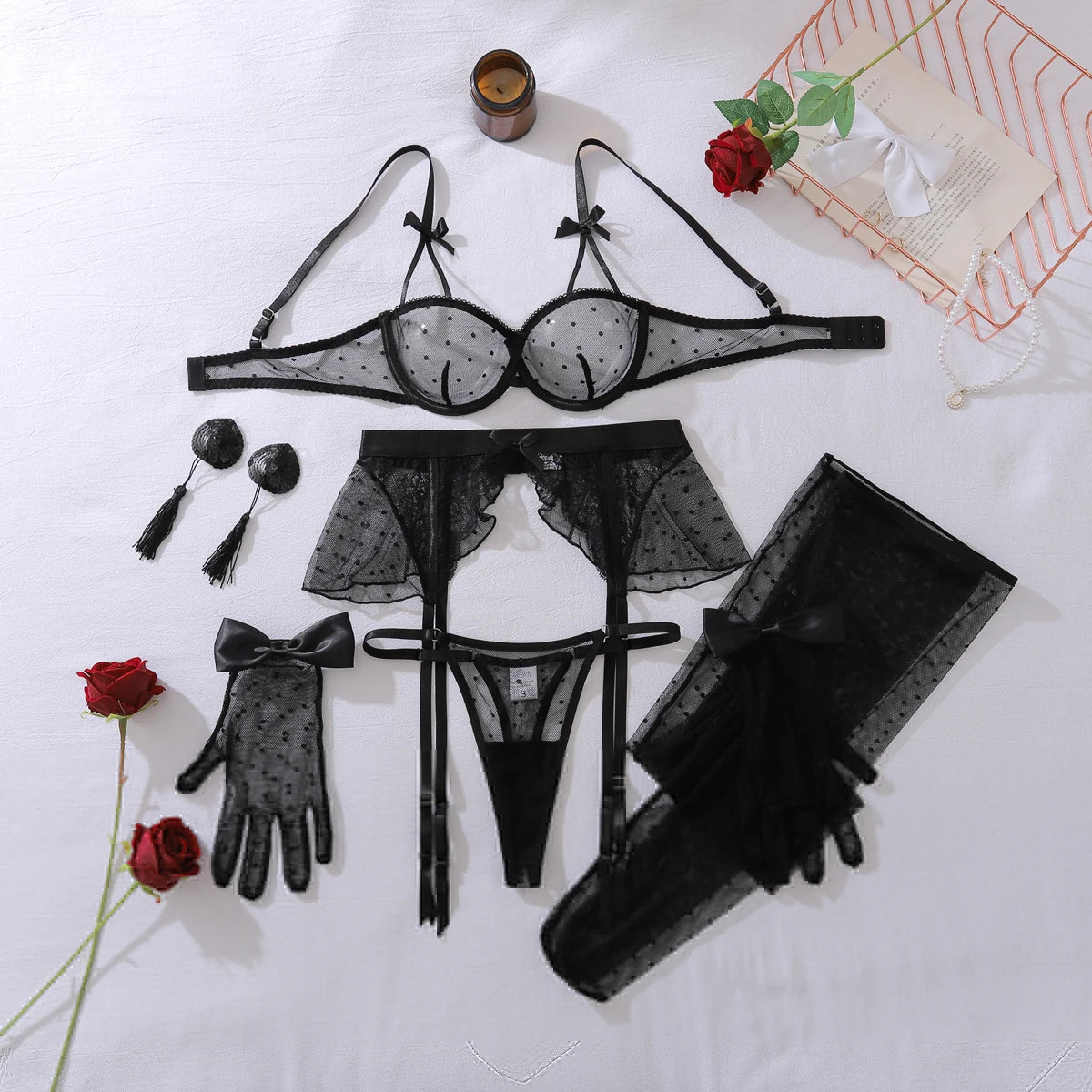 Bow decoration, see through lace gathering, support, lingerie, waist seal, fungus lace, gloves, stockings, six piece se