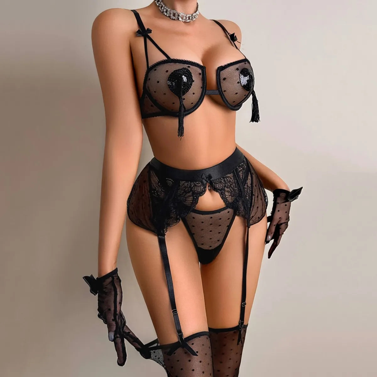Bow decoration, see through lace gathering, support, lingerie, waist seal, fungus lace, gloves, stockings, six piece se