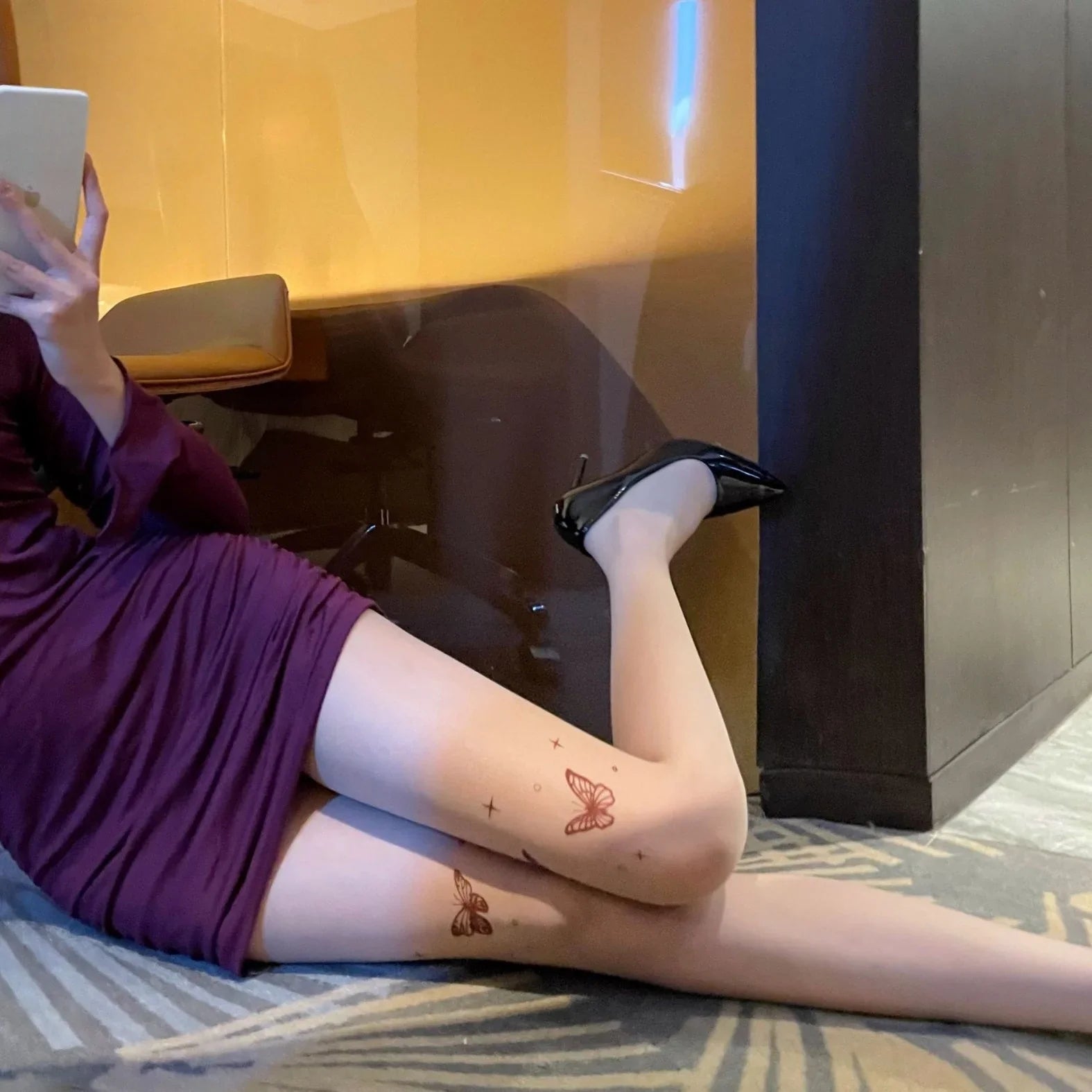 Butterfly Print Skin-colored Stockings