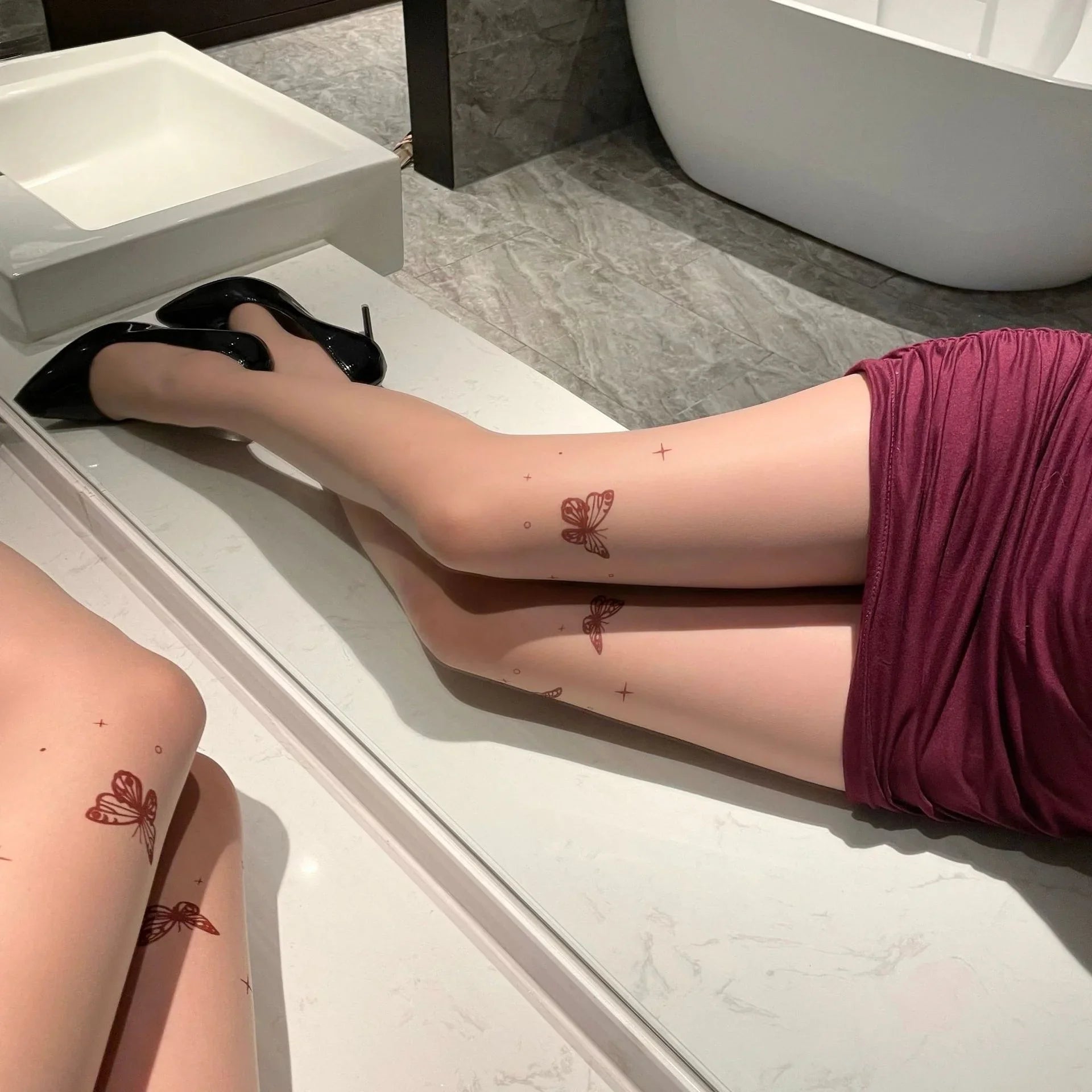 Butterfly Print Skin-colored Stockings