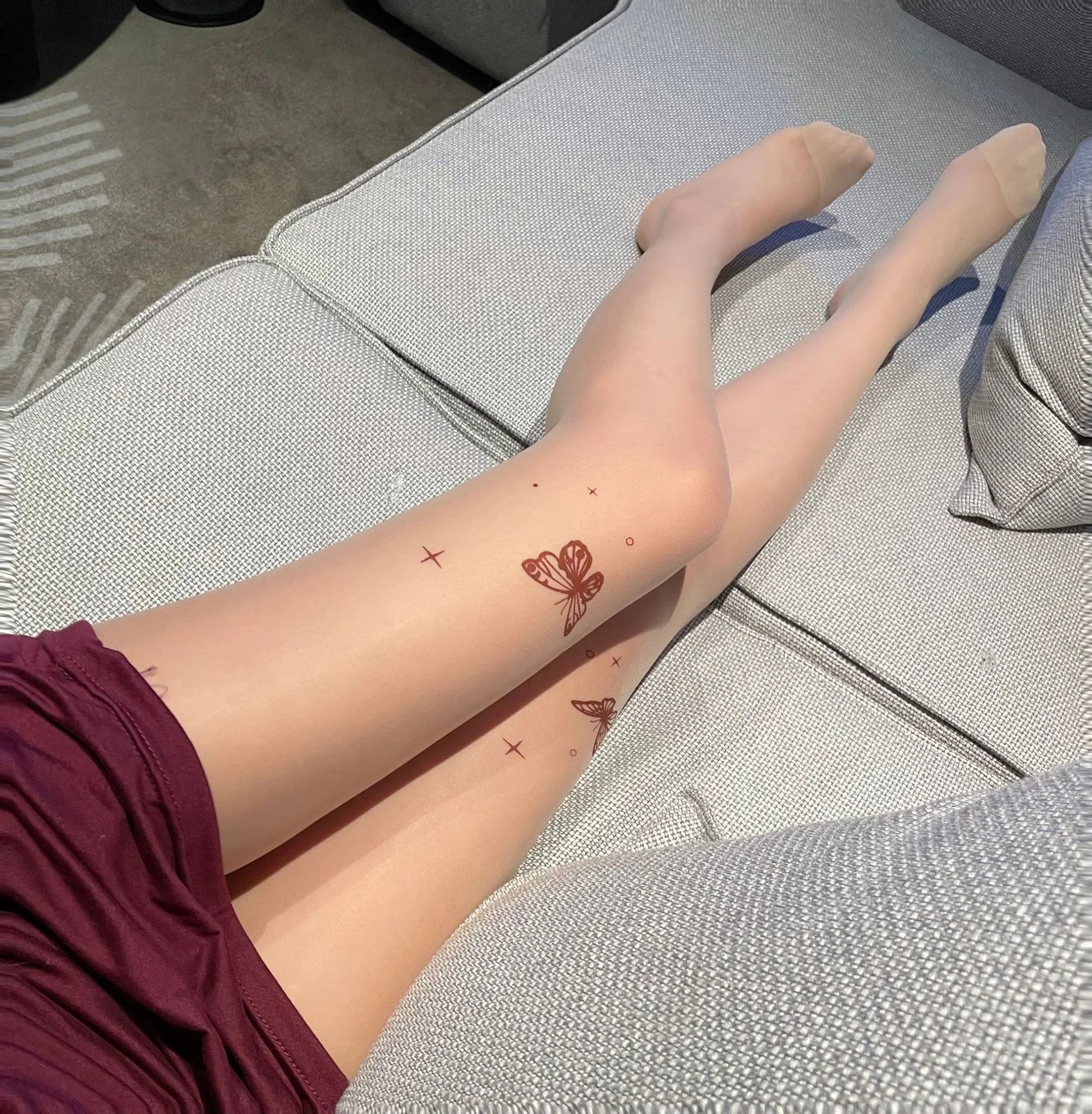Butterfly Print Skin-colored Stockings