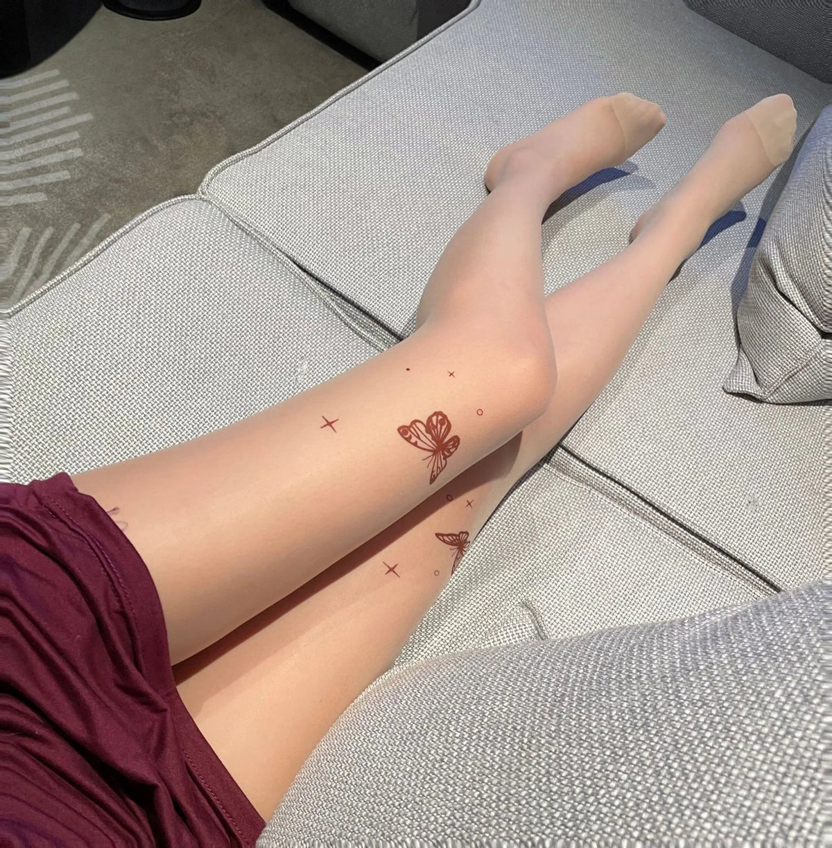 Butterfly Print Skin-colored Stockings