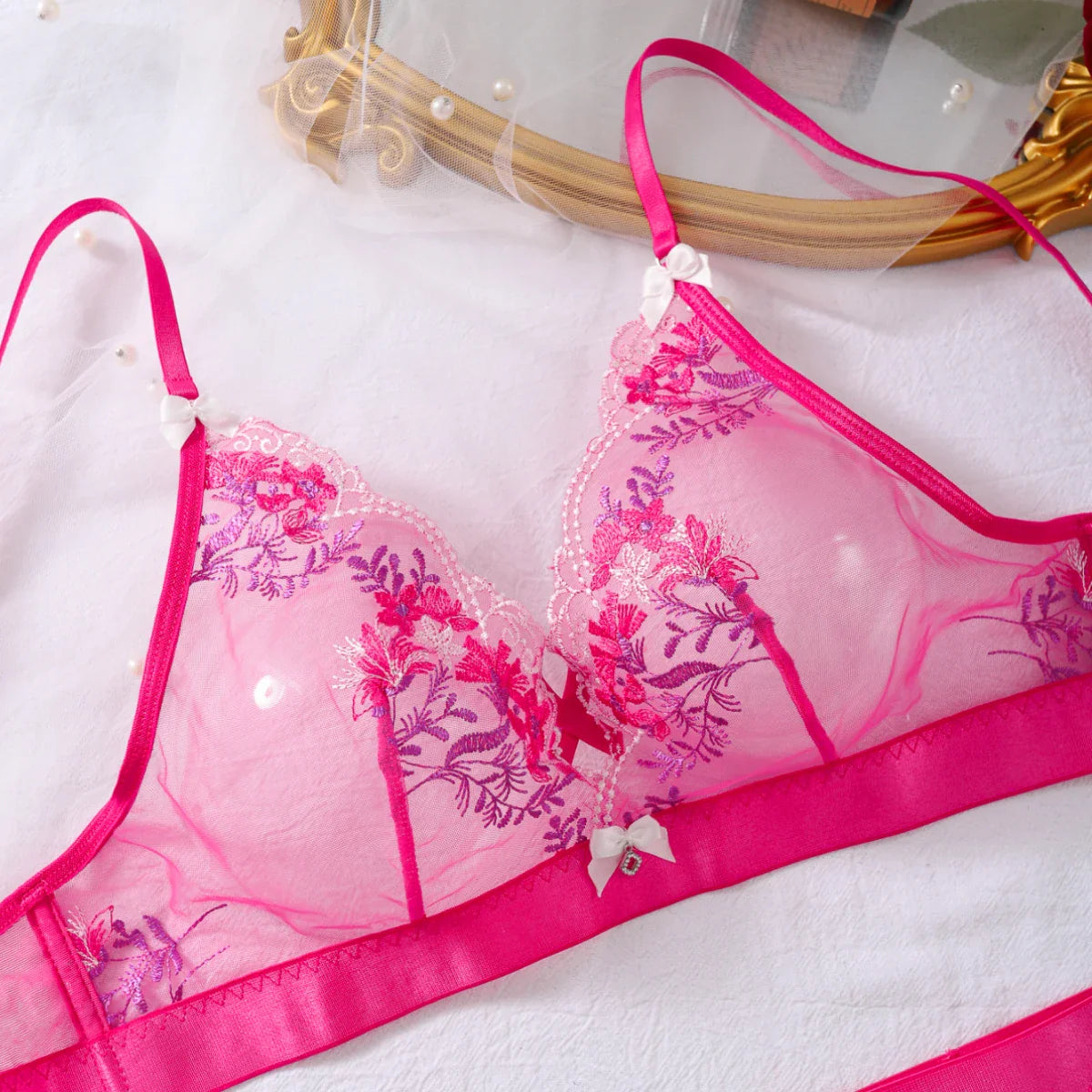 Color blocked bow see through bra set with floral embroidery and underwear two-piece set
