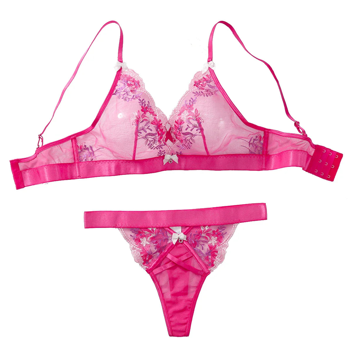 Color blocked bow see through bra set with floral embroidery and underwear two-piece set