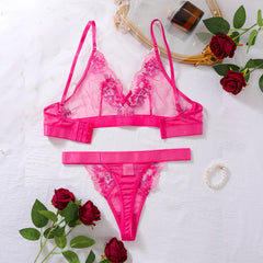 Color blocked bow see through bra set with floral embroidery and underwear two-piece set
