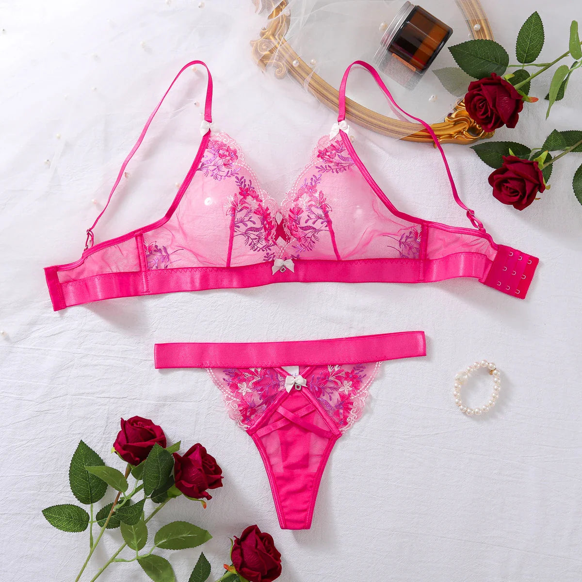 Color blocked bow see through bra set with floral embroidery and underwear two-piece set