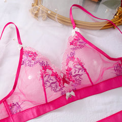 Color blocked bow see through bra set with floral embroidery and underwear two-piece set