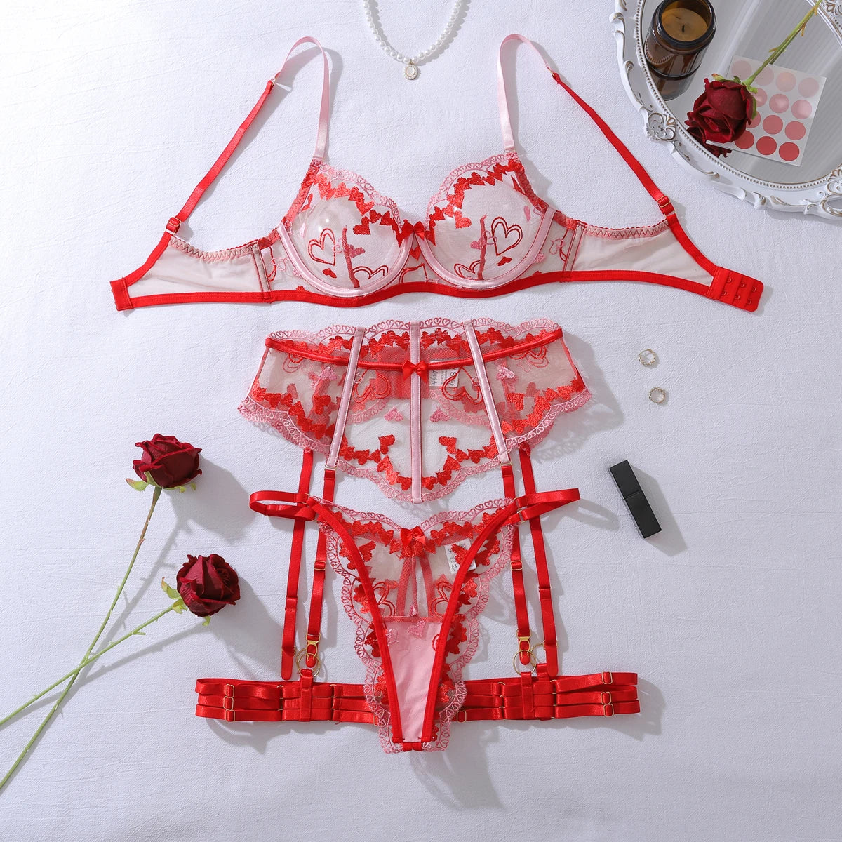 Color blocking heart embroidery perspective lingerie mesh fishbone waist shaping lingerie four piece set