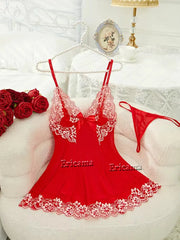 Contrast Lace Lingerie Set, Deep V Backless Bow Slip Dress & Thong, Lingerie & Underwear
