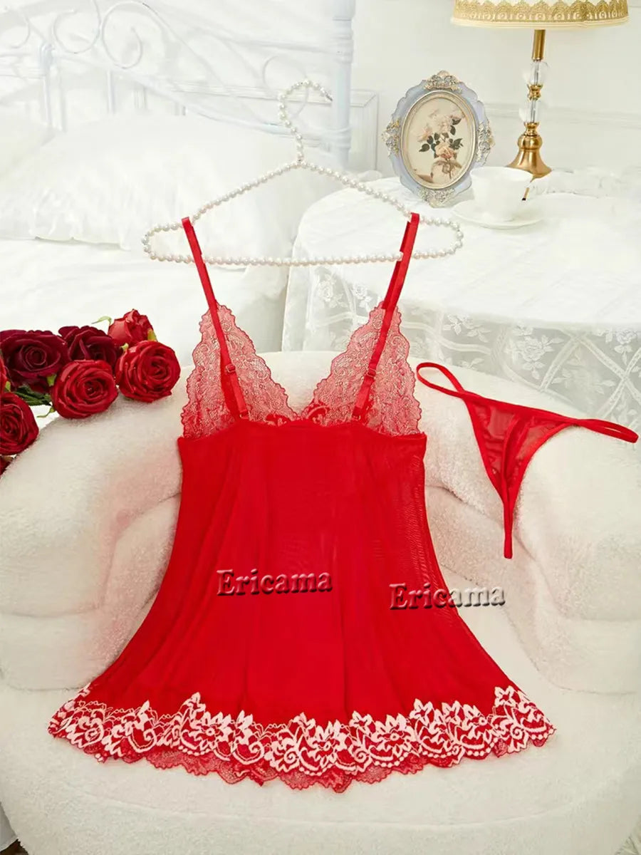 Contrast Lace Lingerie Set, Deep V Backless Bow Slip Dress & Thong, Lingerie & Underwear