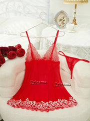 Contrast Lace Lingerie Set, Deep V Backless Bow Slip Dress & Thong, Lingerie & Underwear