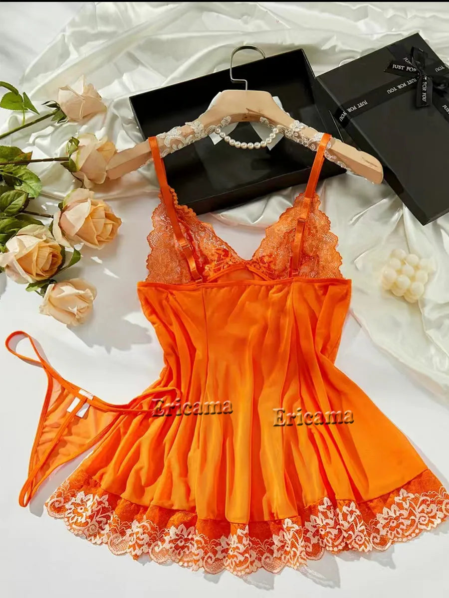 Contrast Lace Lingerie Set, Deep V Backless Bow Slip Dress & Thong, Lingerie & Underwear