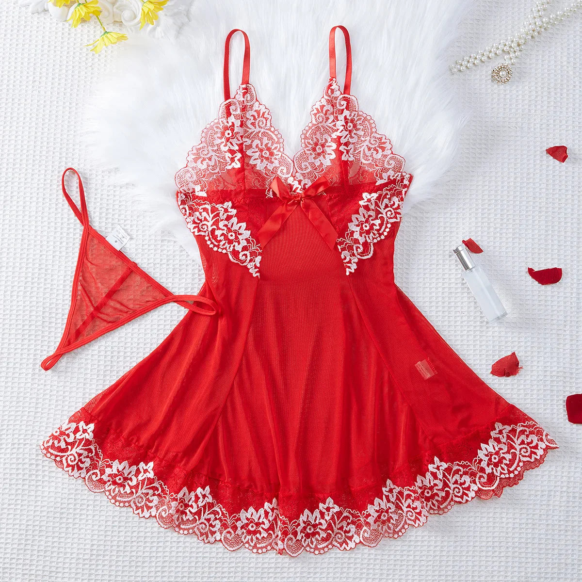 Contrast Lace Lingerie Set, Deep V Backless Bow Slip Dress & Thong, Lingerie & Underwear