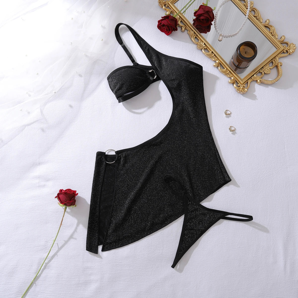 Cross-border 2025 style hollow-out diagonal shoulder strap body-shaping lingerie set resort style one-piece dre
