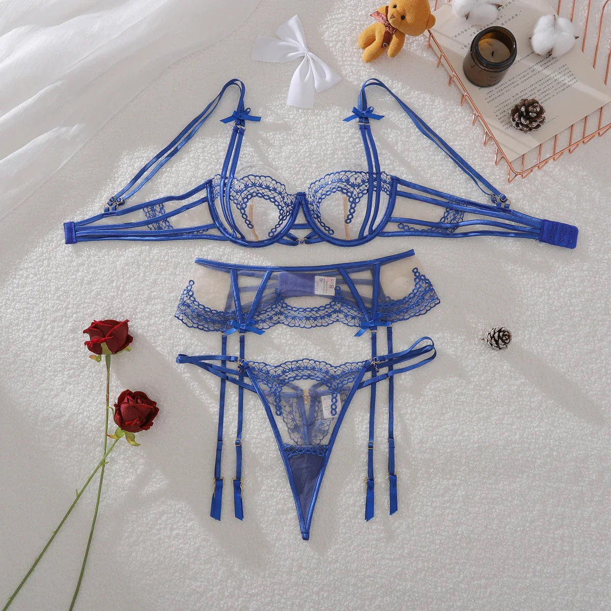 Cross border 2025 flower embroidery perspective shaping, steel ring gathering bra set, three piece set