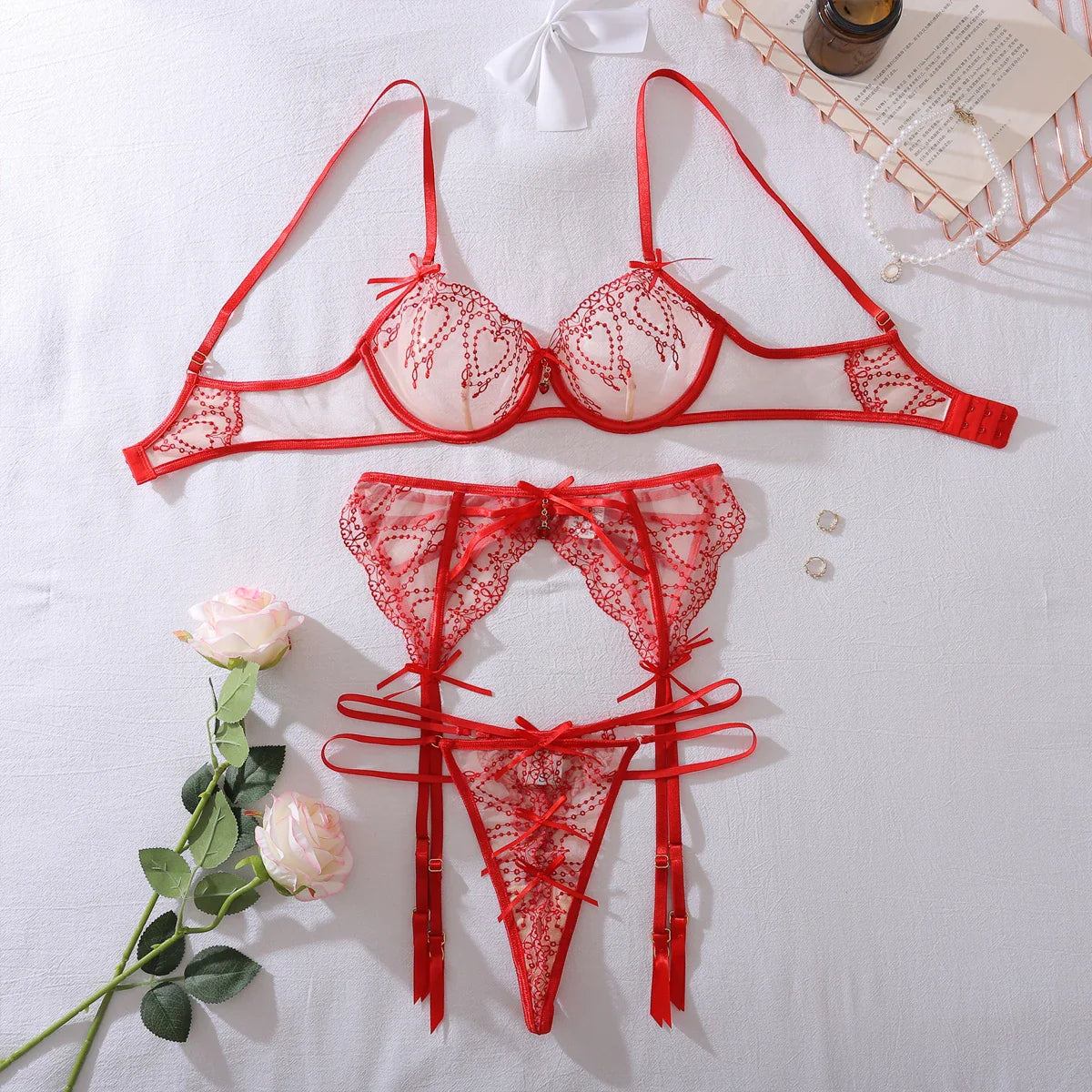 Cross border 2026 Bow Accessories Love Embroidery Perspective Ultra thin Steel Ring Gathering Bra Set