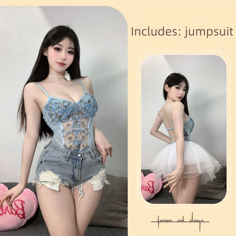 Cute Backless Tight-fitting Flirtatious Temptation Lingerie Butterfly Embroidery Versatile Mesh Straps Jumpsuit Camisole