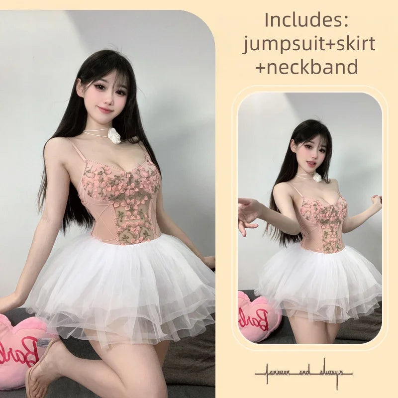Cute Backless Tight-fitting Flirtatious Temptation Lingerie Butterfly Embroidery Versatile Mesh Straps Jumpsuit Camisole
