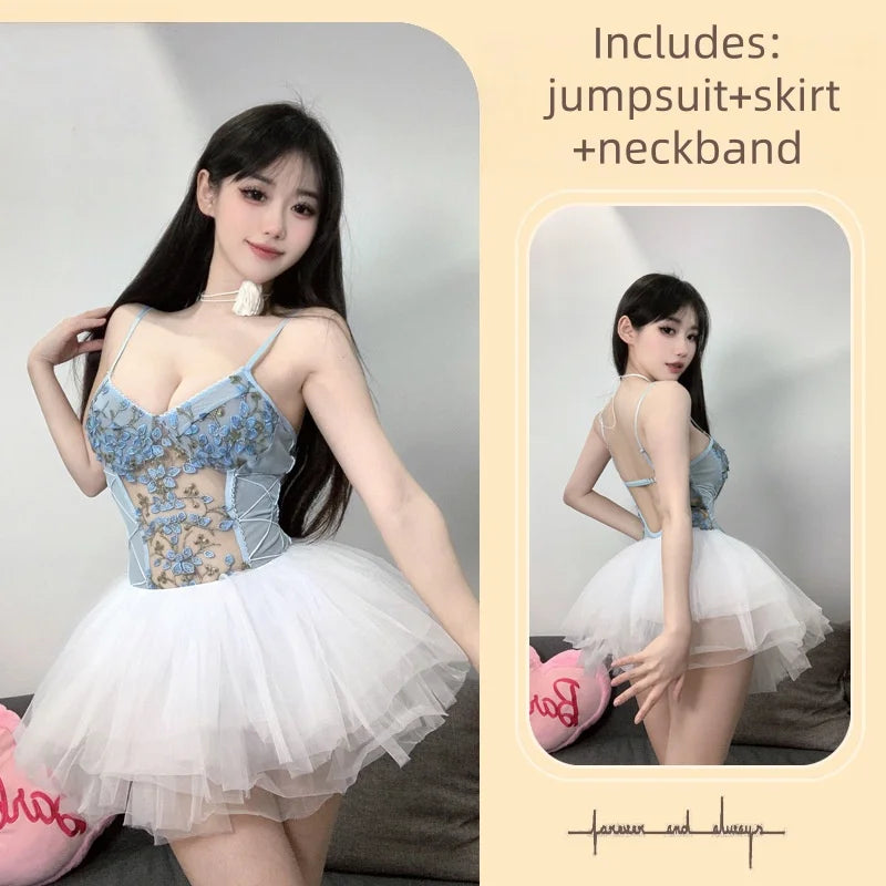 Cute Backless Tight-fitting Flirtatious Temptation Lingerie Butterfly Embroidery Versatile Mesh Straps Jumpsuit Camisole