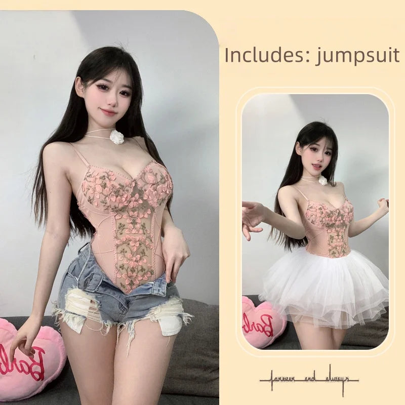Cute Backless Tight-fitting Flirtatious Temptation Lingerie Butterfly Embroidery Versatile Mesh Straps Jumpsuit Camisole
