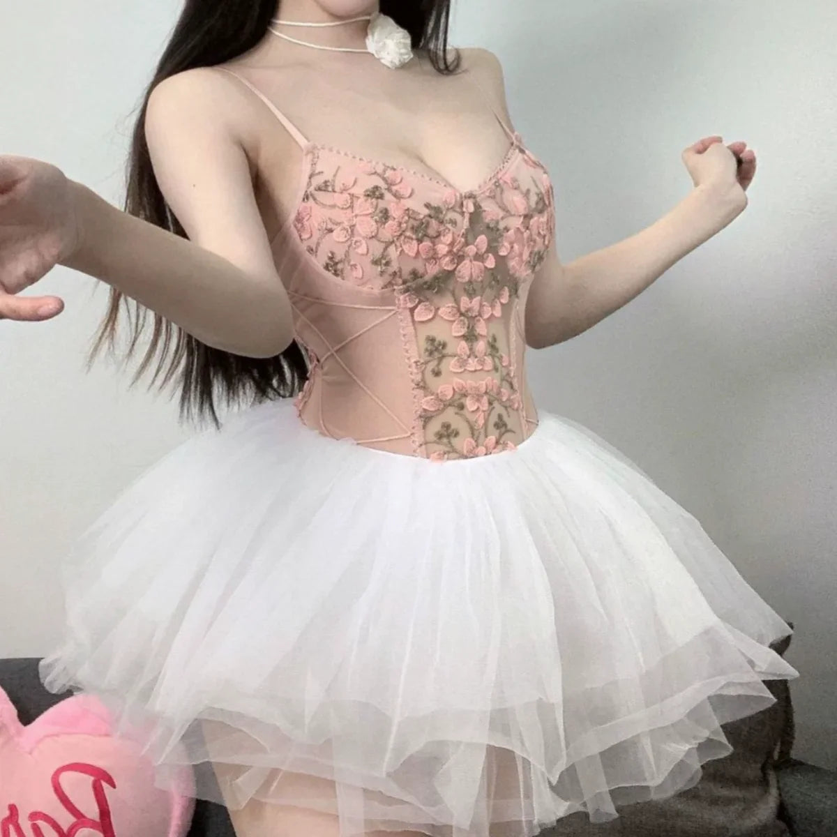 Cute Backless Tight-fitting Flirtatious Temptation Lingerie Butterfly Embroidery Versatile Mesh Straps Jumpsuit Camisole
