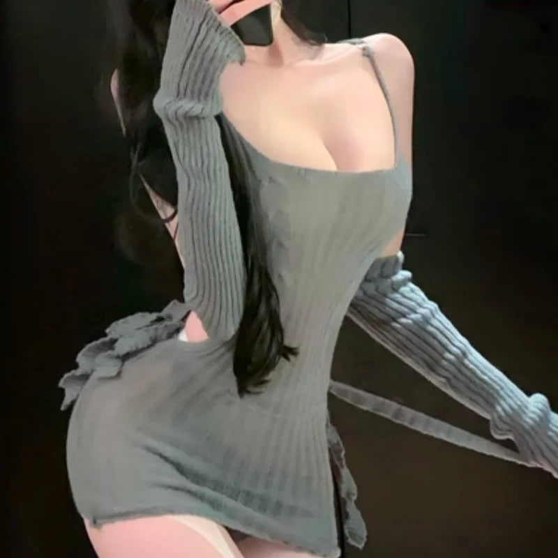 Cute Backless Tight-fitting Flirtatious Temptation Suspender Dress Backless Sweater Deep V Lingerie Wrapped Hip Skirt