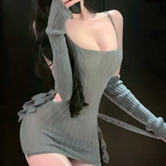 Cute Backless Tight-fitting Flirtatious Temptation Suspender Dress Backless Sweater Deep V Lingerie Wrapped Hip Skirt