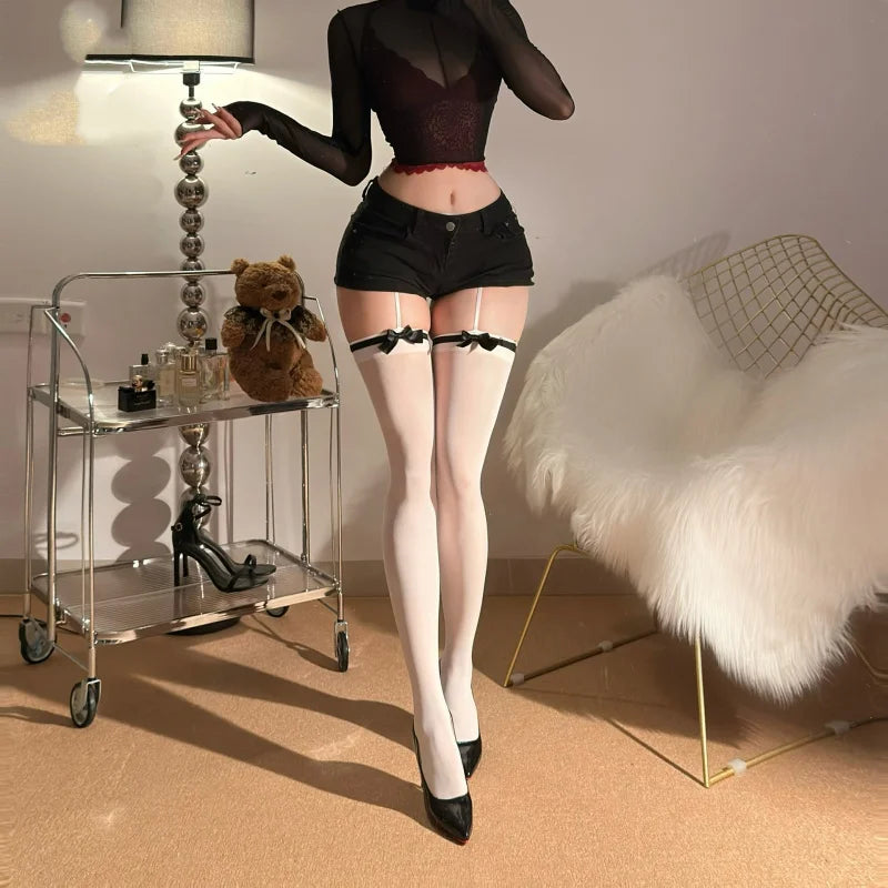 Cute Versatile Bow Tie Suspender Socks Sweet Velvet One-piece Suspender Fun Silk Stockings Sweet and Spicy Knee High Socks