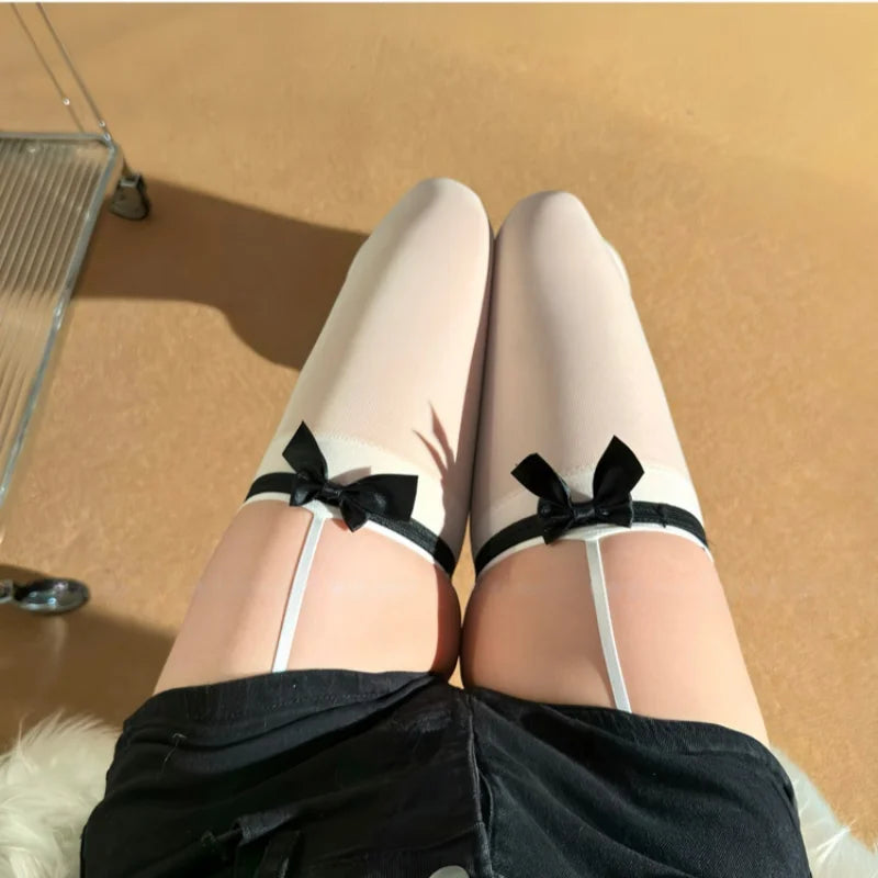 Cute Versatile Bow Tie Suspender Socks Sweet Velvet One-piece Suspender Fun Silk Stockings Sweet and Spicy Knee High Socks