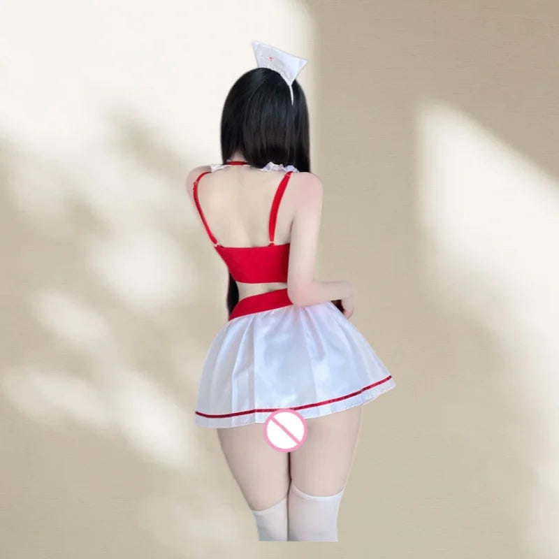 Cute Sweet Backless Exposed Two-piece Spaghetti Strap Dress Slit Lingerie Nurse Outfit Seductive Uniform Passionate Suit