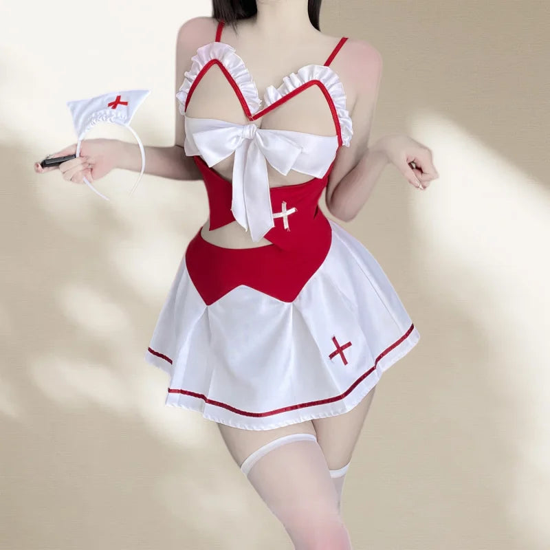 Cute Sweet Backless Exposed Two-piece Spaghetti Strap Dress Slit Lingerie Nurse Outfit Seductive Uniform Passionate Suit