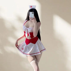 Cute Sweet Backless Exposed Two-piece Spaghetti Strap Dress Slit Lingerie Nurse Outfit Seductive Uniform Passionate Suit