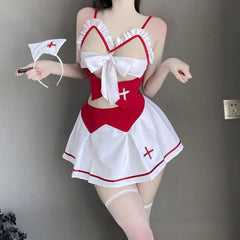 Cute Sweet Backless Exposed Two-piece Spaghetti Strap Dress Slit Lingerie Nurse Outfit Seductive Uniform Passionate Suit