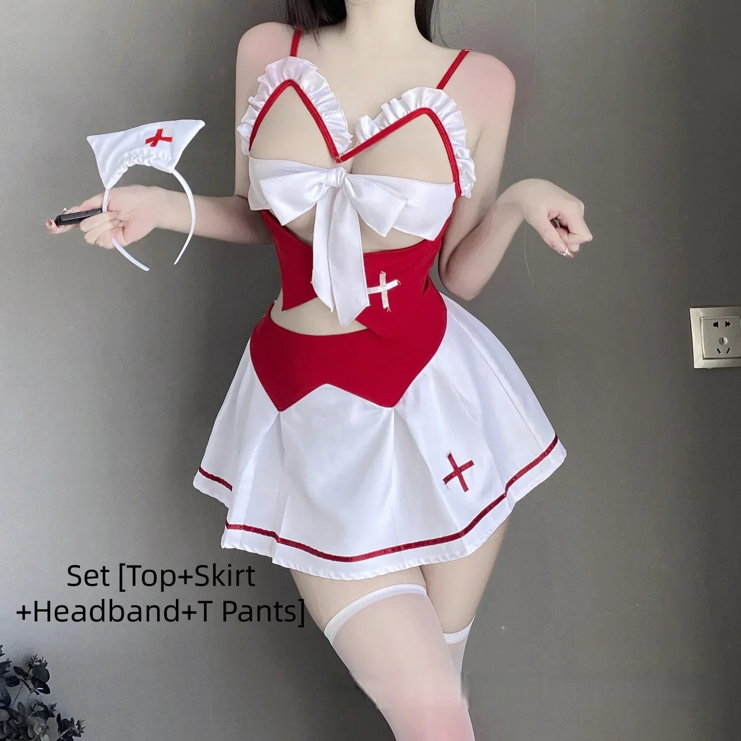 Cute Sweet Backless Exposed Two-piece Spaghetti Strap Dress Slit Lingerie Nurse Outfit Seductive Uniform Passionate Suit