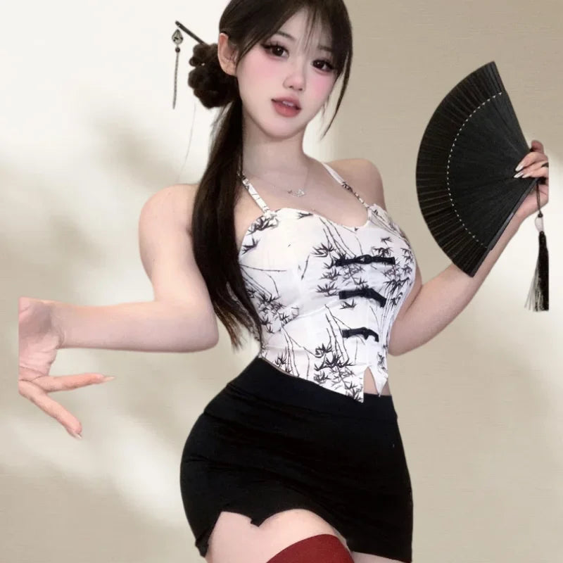 Cute Sweet Gentle Style Erotic Lingerie Chinese Style Hanging Neck Short Skirt Printed High-end Seductive Suit