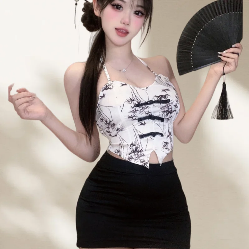 Cute Sweet Gentle Style Erotic Lingerie Chinese Style Hanging Neck Short Skirt Printed High-end Seductive Suit