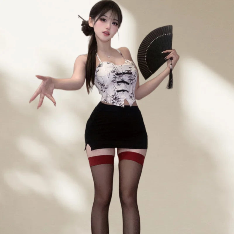 Cute Sweet Gentle Style Erotic Lingerie Chinese Style Hanging Neck Short Skirt Printed High-end Seductive Suit